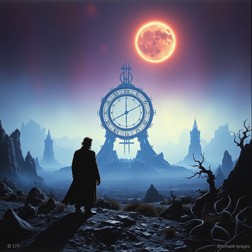 Colossal Biomechanical Sundial on Alien World