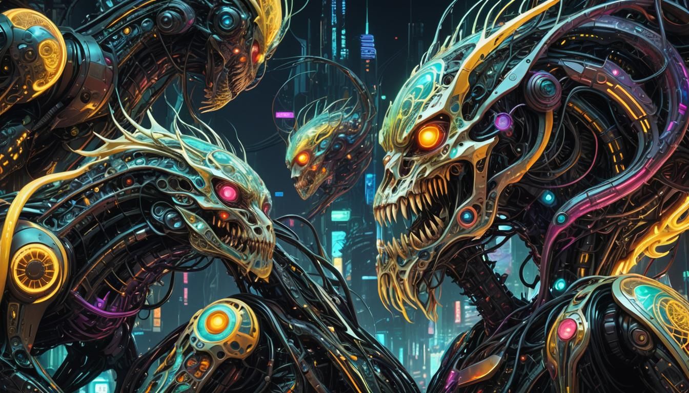 Cyberpunk Biomechanical Creatures Devouring Humans in Neon N...