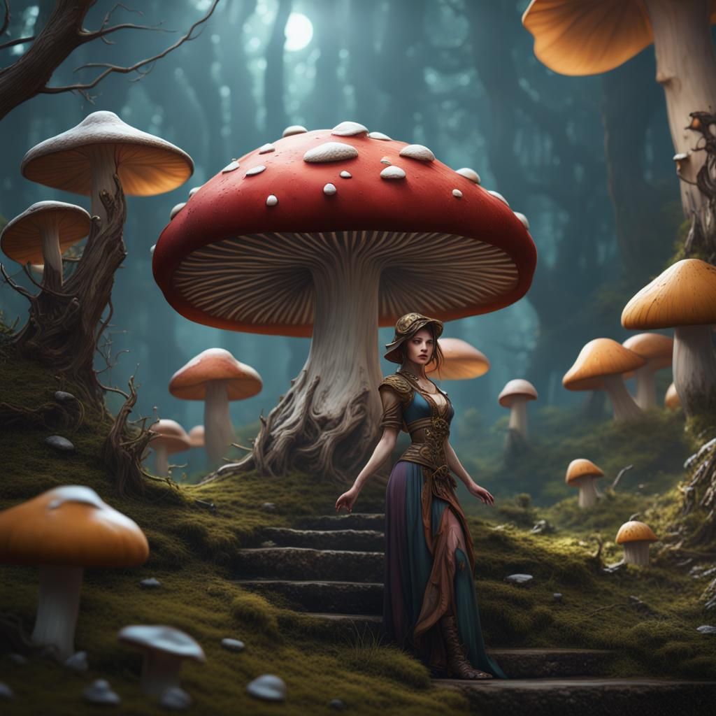 Fantastical Mushroom Lady in Detailed Matte Painting