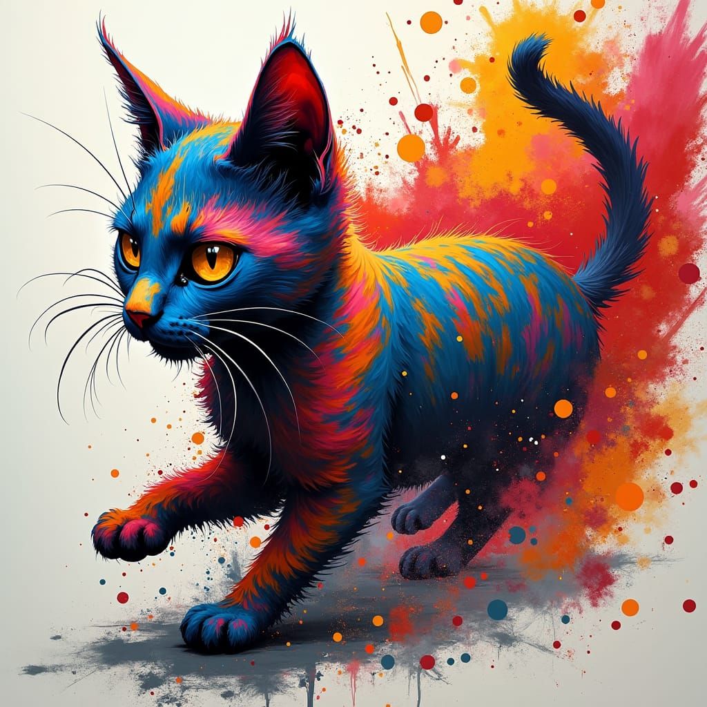 Polychromatic Cat in Motion: Urban Graffiti Art
