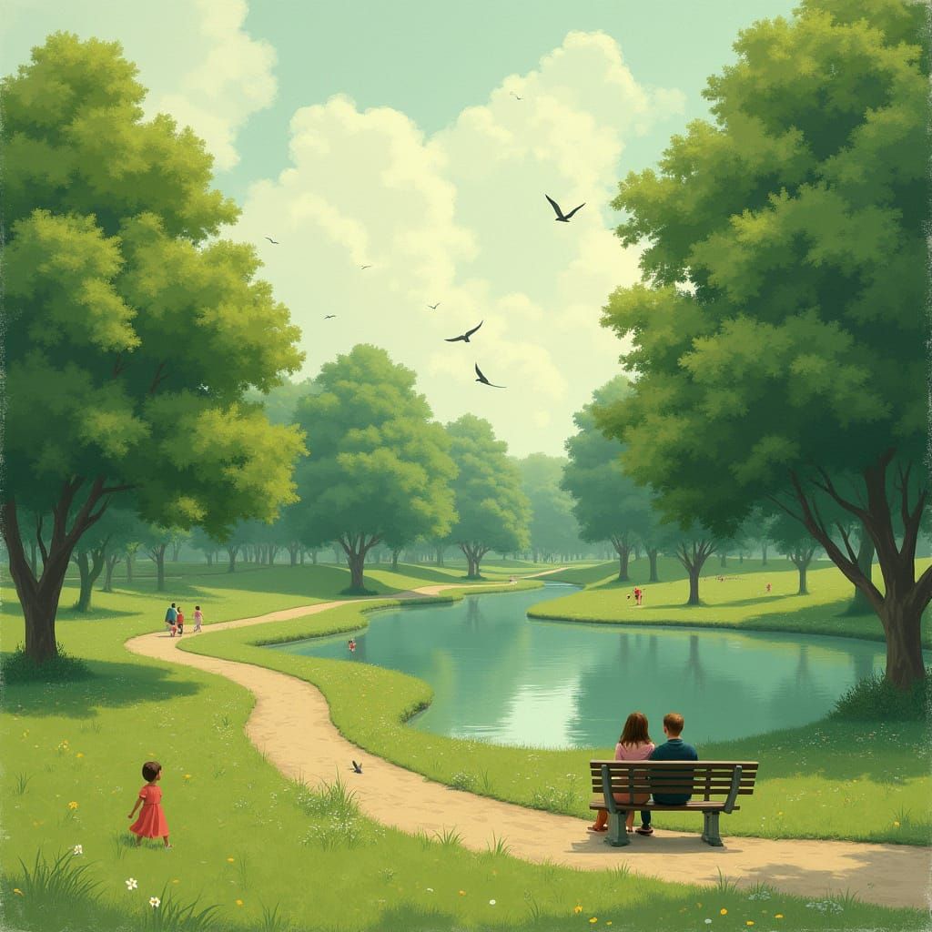 Vintage Album Cover: Serene Park Scene in Pastel Colors