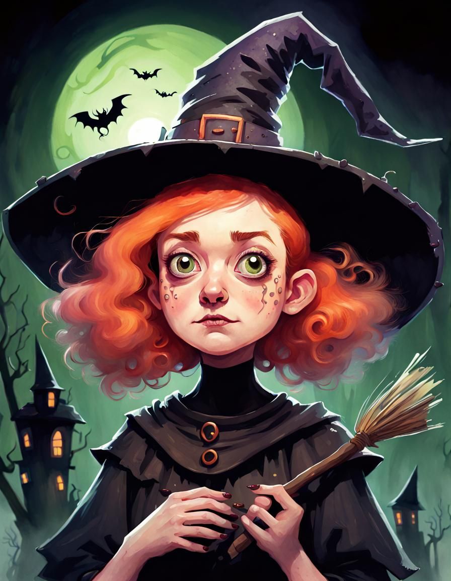 Spooky Biopunk Witch Portrait in Storybook Style