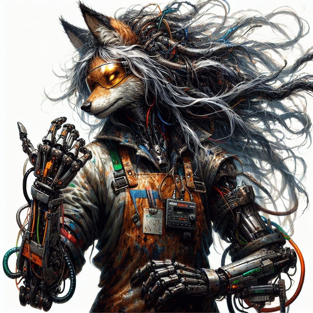 Jackal Engineer with Prosthetic Arm in Anime Style