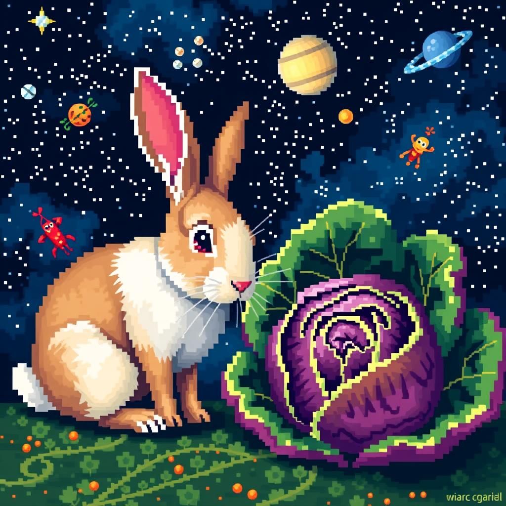 Pixelated Rabbit and Cabbage in Space