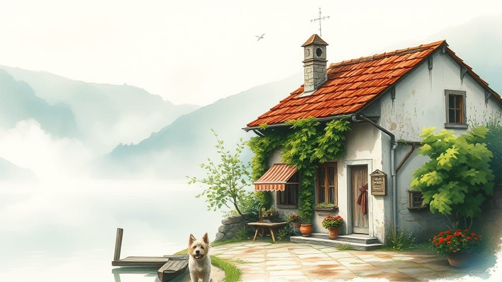 Dreamy Watercolor Cottage with Dog and Lush Scenery