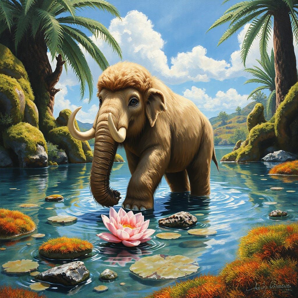 Woolly Mammoth and Homo Erectus in Neo-Impressionism Style