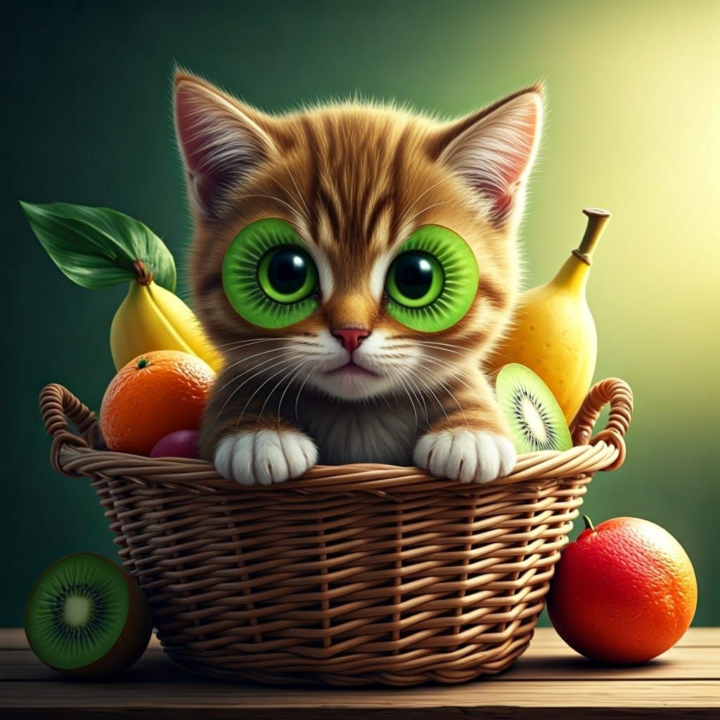 Vibrant Fruit Basket Kitty in Hyperrealistic Splash Art