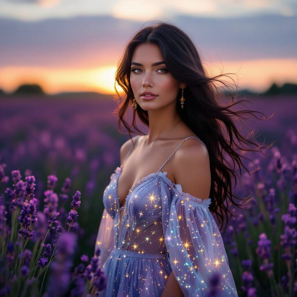 Woman in Lavender Field: Pre-Raphaelite Art Nouveau