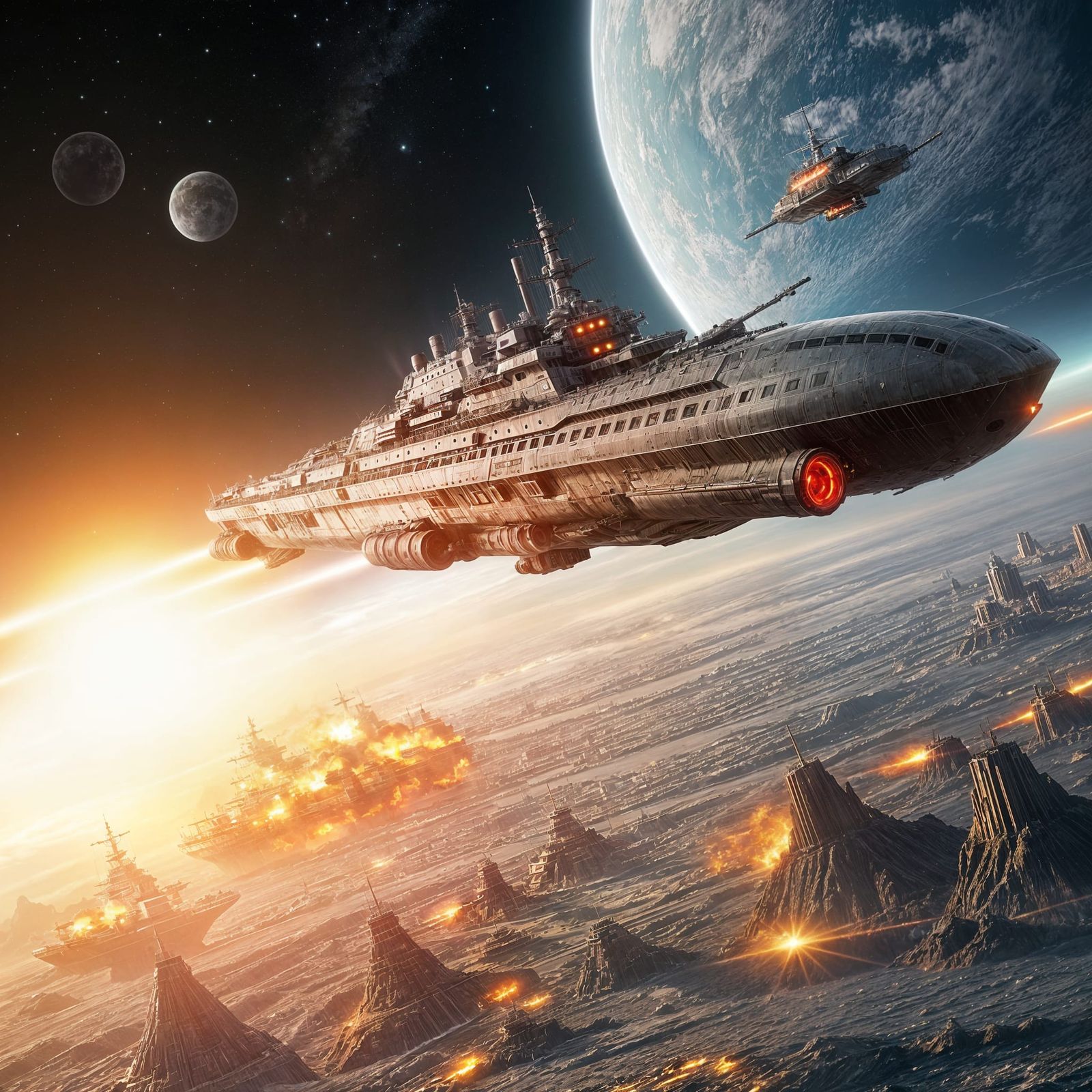 Colossal Battleship Bombarding Alien City with Energy Beams