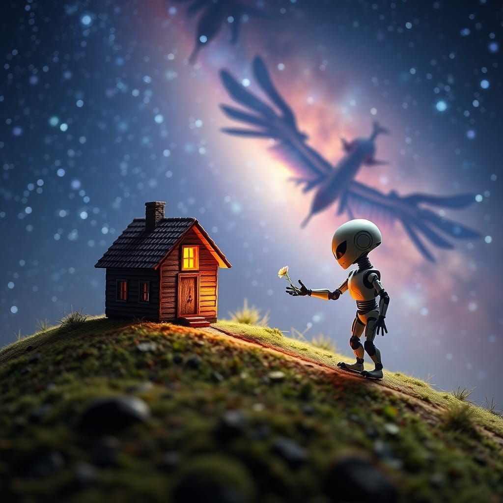 Robot Offers Flowers to Alien in Cosmic Diorama