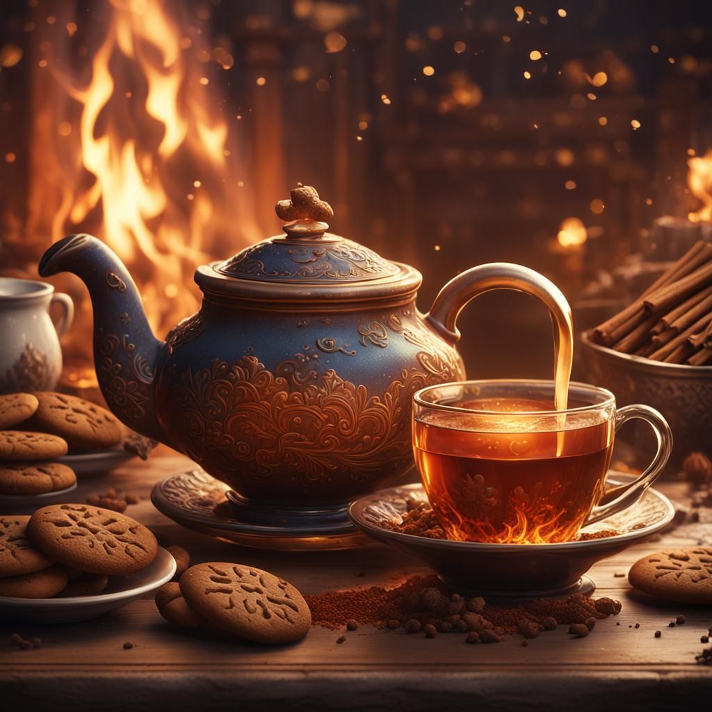 Cozy Fireside Scene with Warm Spiced Tea
