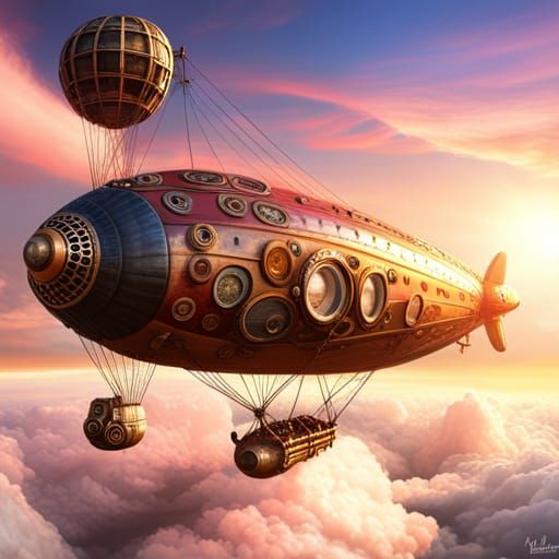 Steampunk Blimp Soaring in Colorful Skies