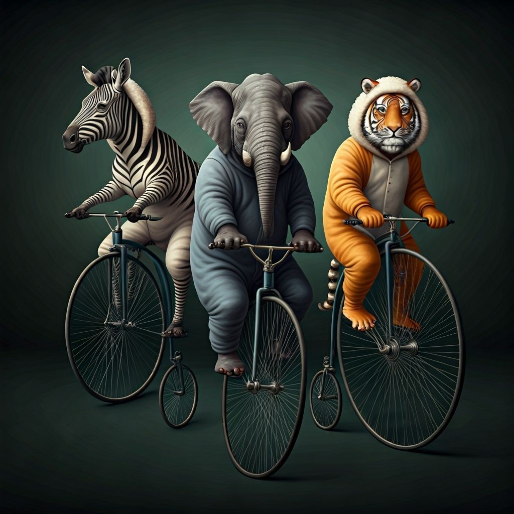 Grumpy Zoo Animals in Sheep Onesies Ride Penny-Farthings