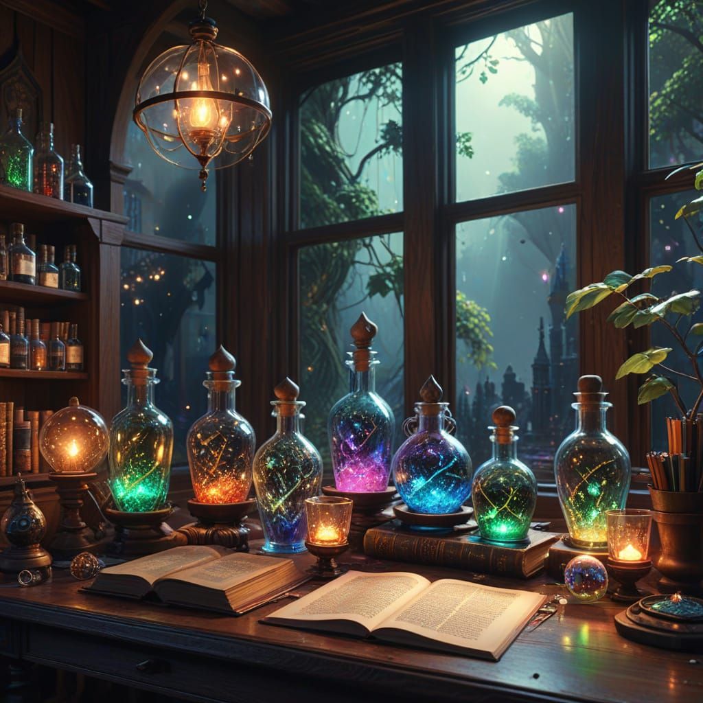 a collection of glowing potions in beautiful cut glass bottl...