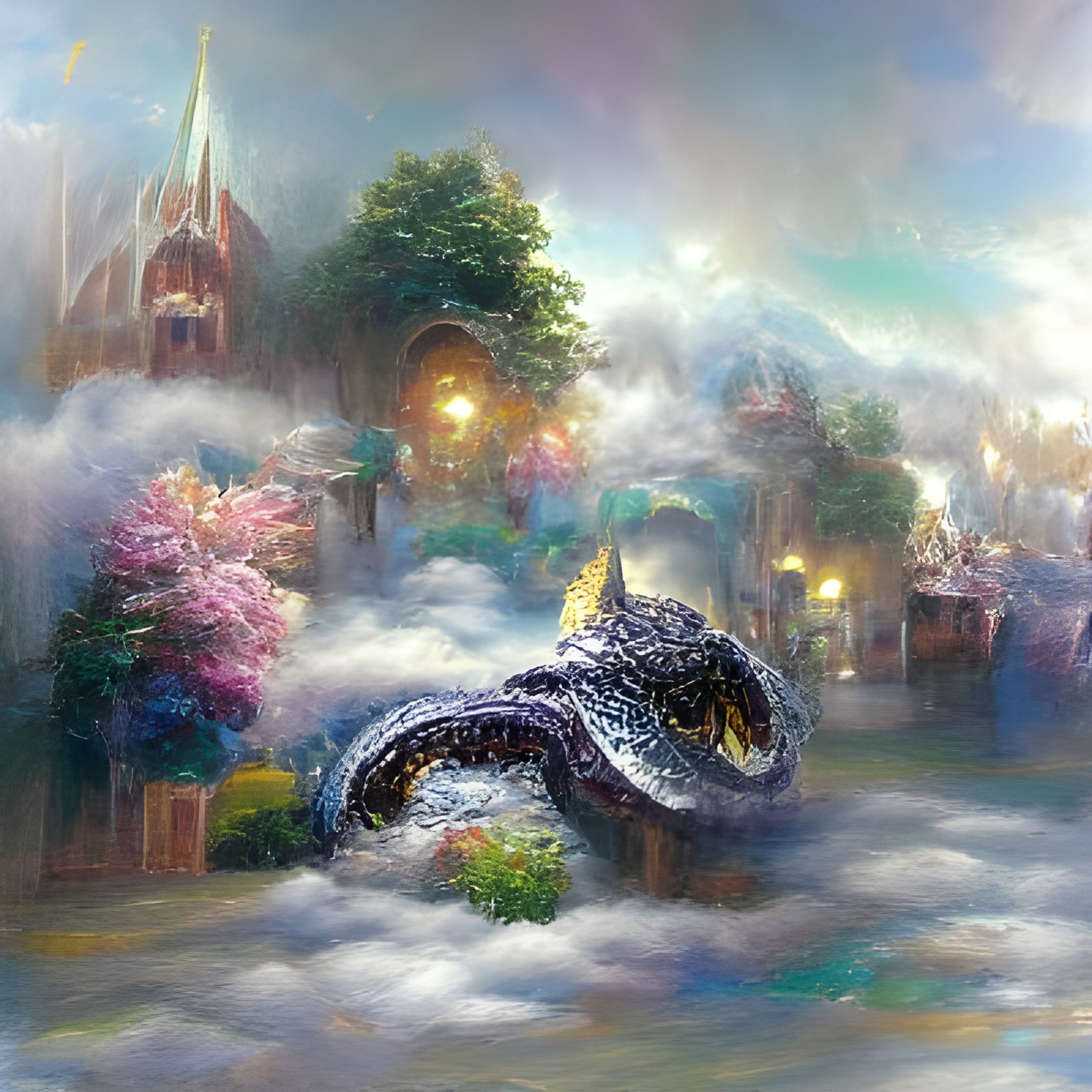 Ethereal Fantasy Dragon Fafnir in Kinkade Style