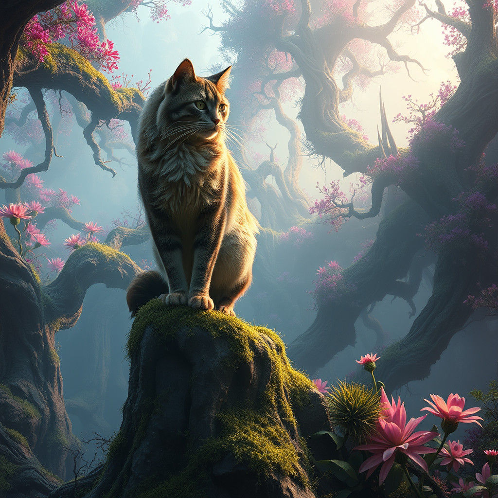 Cat King in Mystical Sci-Fi Forest
