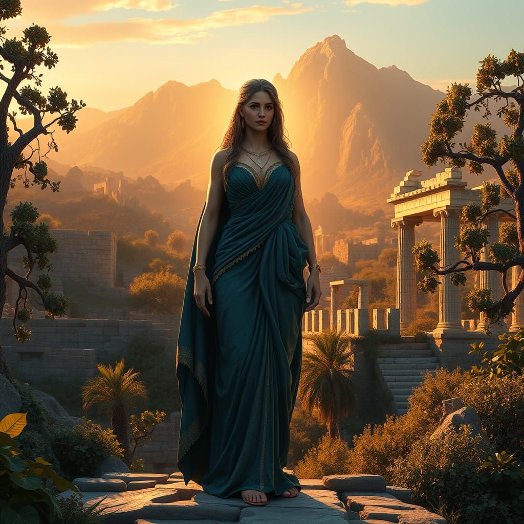 Majestic Rhea Amidst Ancient Greek Ruins in Golden Twilight