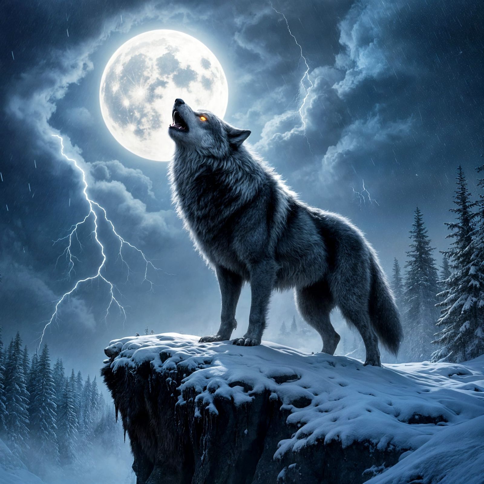 Massive Wolf Howling at Full Moon - Dark Fantasy Art