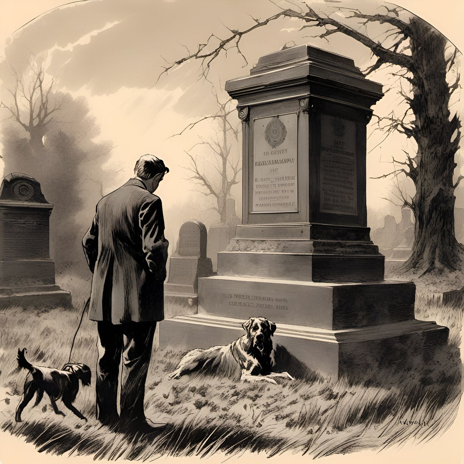 Grief: Man and Dog at Wife's Grave