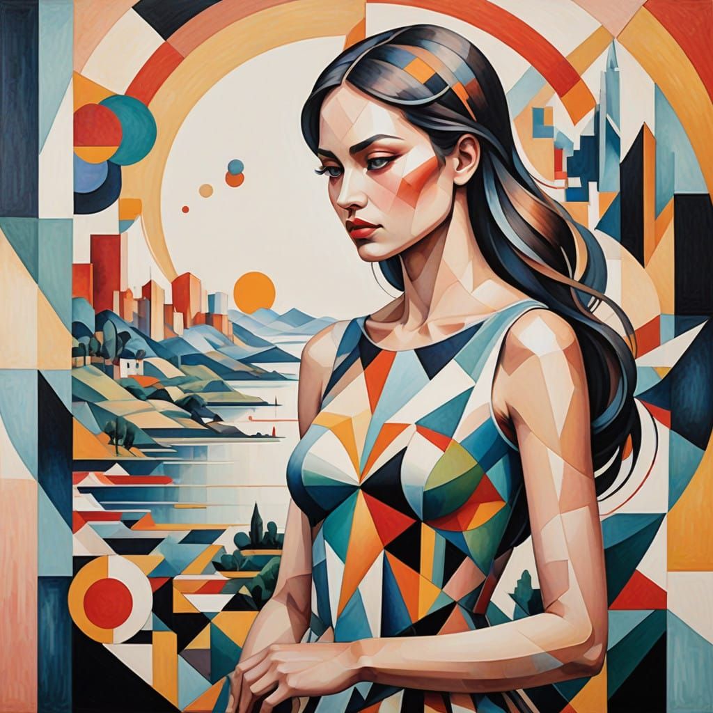 Ultra-Realistic Dawn Goddess in Cubist Landscape Silhouette