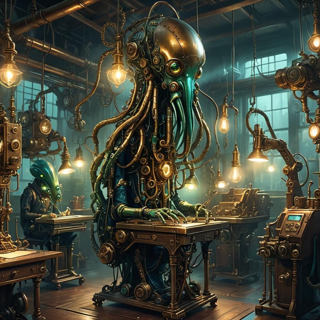 Alien Squid Operates Steampunk Sewing Machines