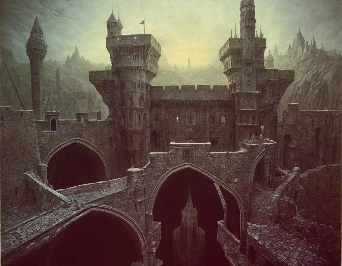 Surreal Castle with Drawbridges in Dreamlike Landscape