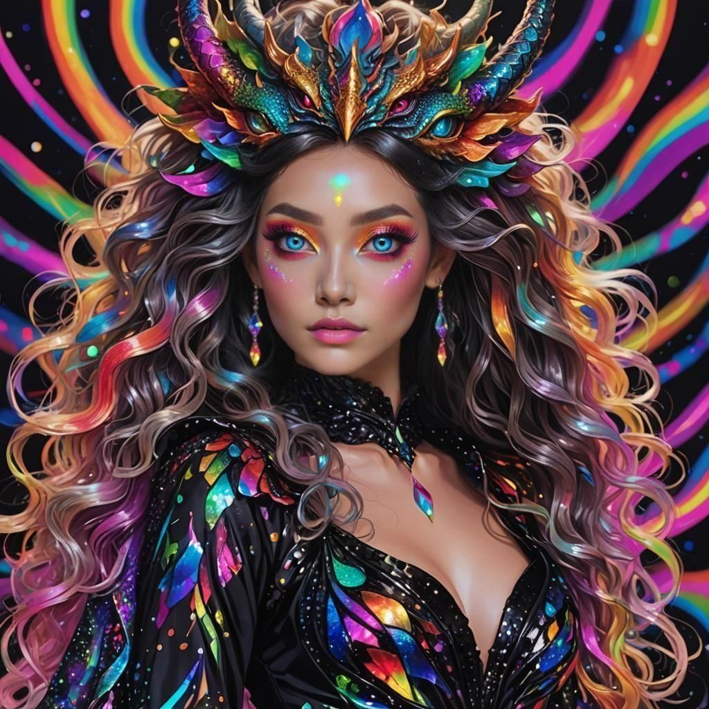 Psychedelic Neon Dragon Goddess in Prismatic Style