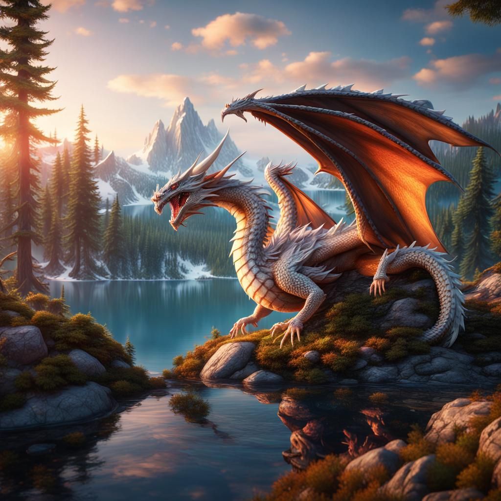 Diamond Dragon Flight Over Mountain Lake