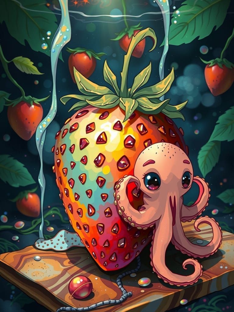 Whimsical Baby Octopus Cradles Rainbow Strawberry