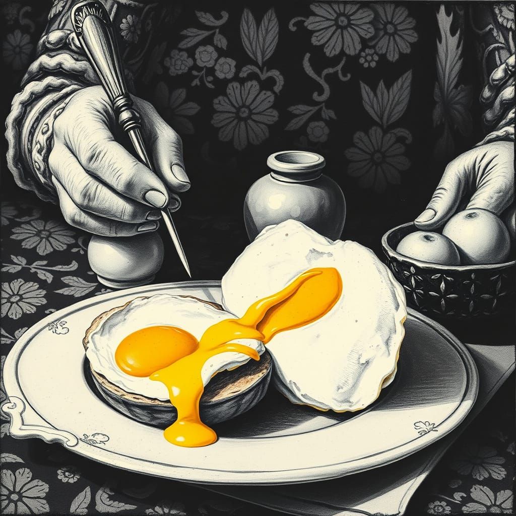 Maximalist Batik Art of Eggs, Bacon, and Potatoes