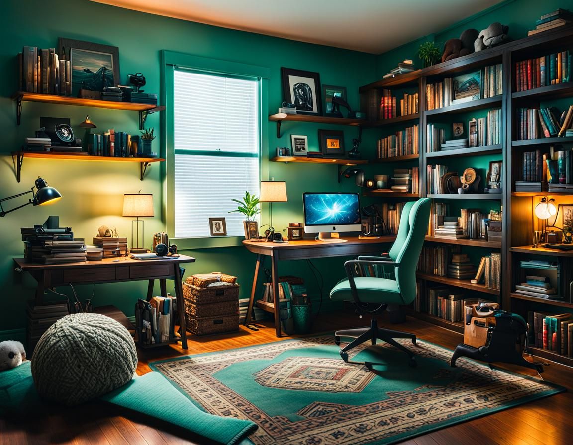 Cozy Illustrator's Den with Sci-Fi Decor