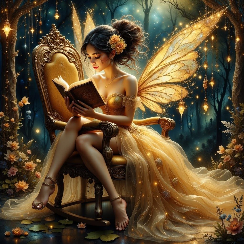 Whimsical Fairy Reading in a Rocking Chair