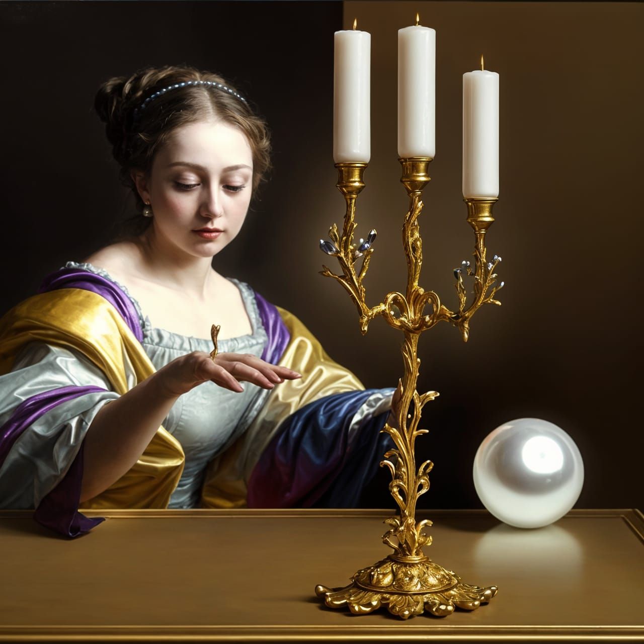 Woman Holding Pearls: Opalescent Iridescent Surreal Art