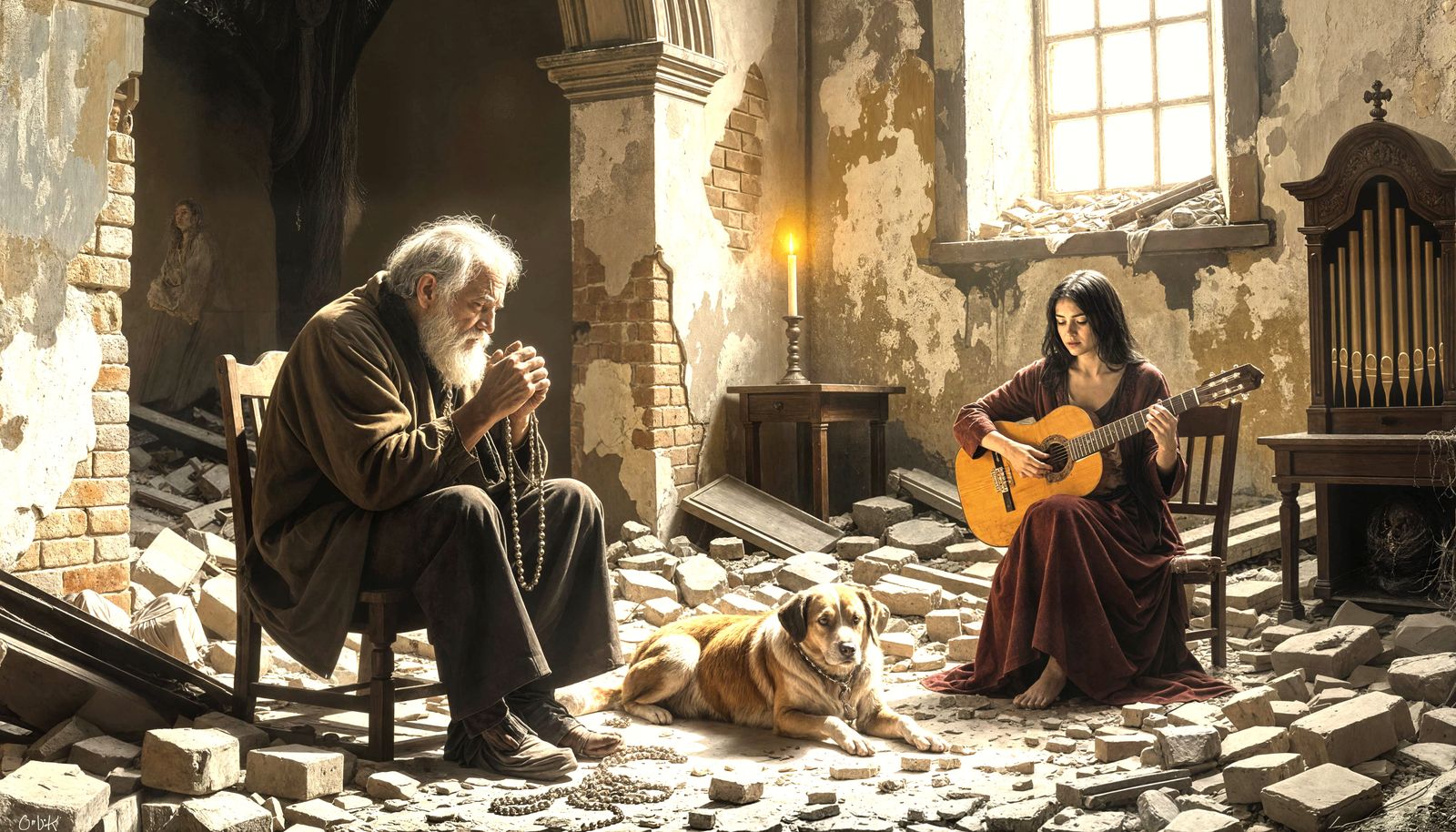 Somber Oil Painting of Man in Bomb-Ruin Church