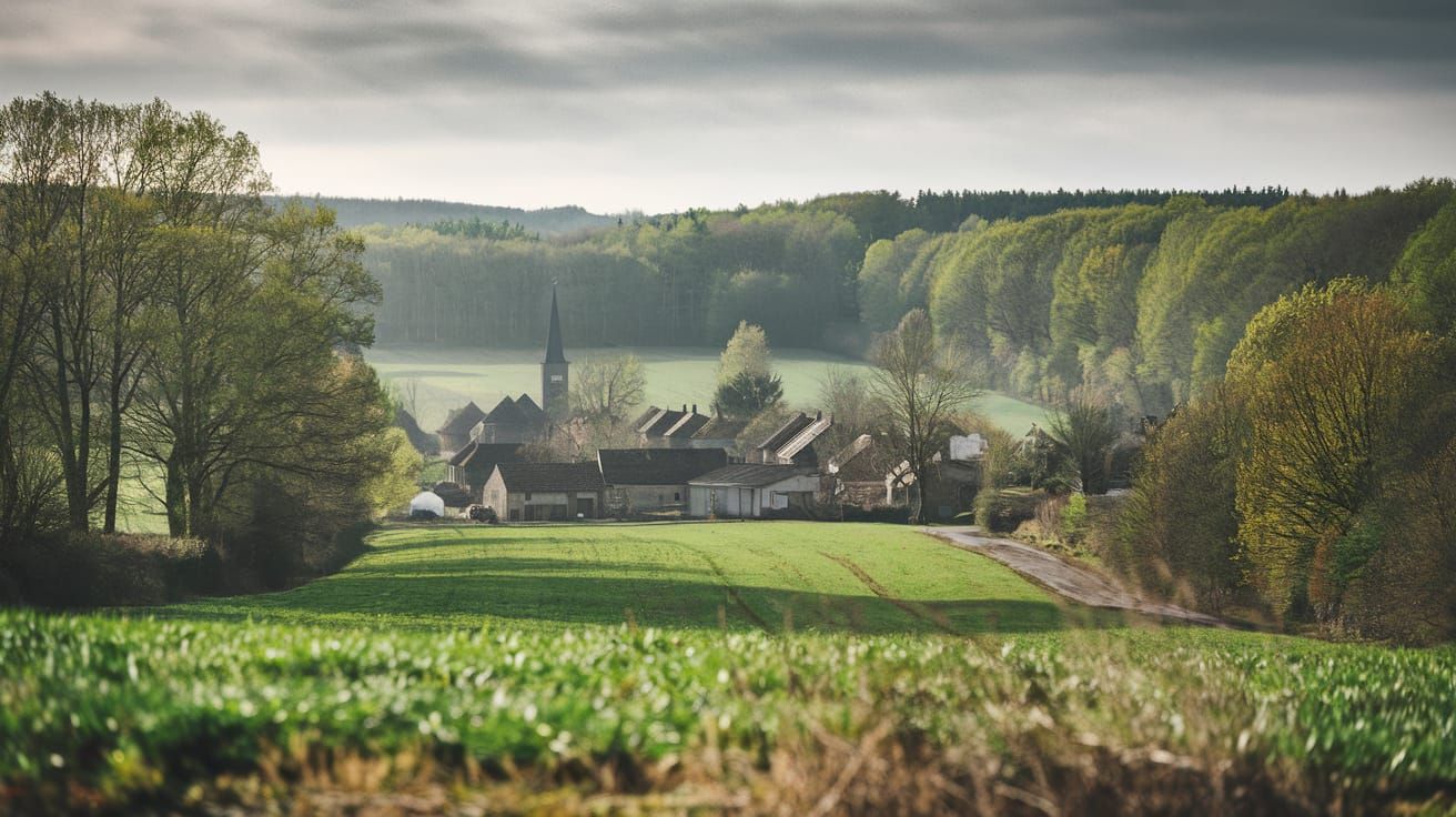Cinematic Village Surrounded by Fields and Forests