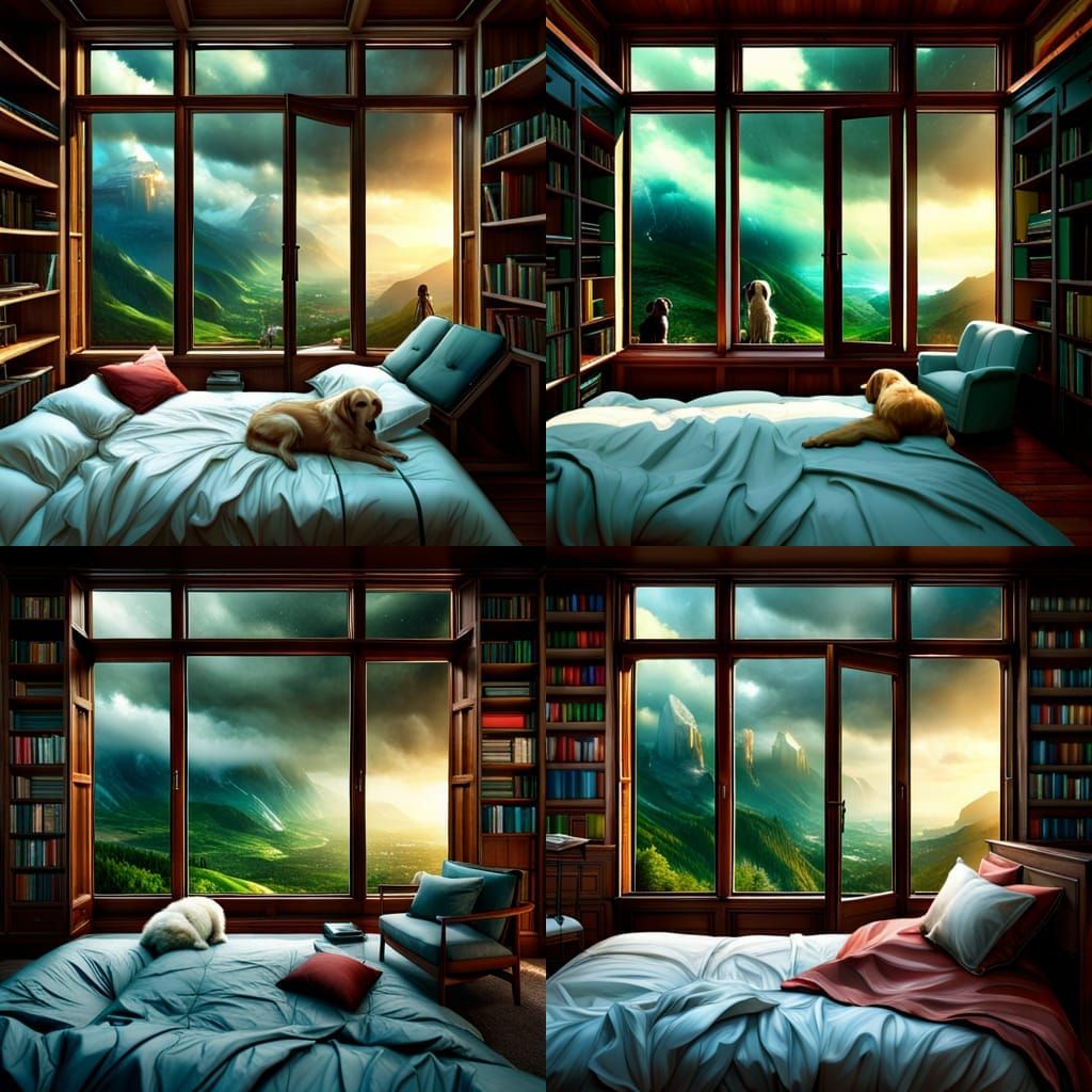 Peaceful Bedroom Overlooking Rainy Valley with Puppies