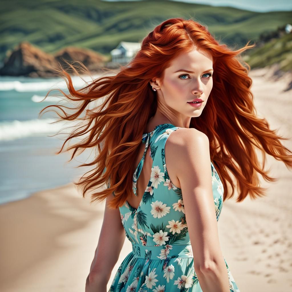 Redhead on Beach in Hyperrealistic Fashion Photography