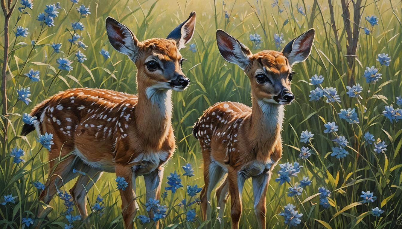 Wildlife Oil Painting of Two Fawns in Meadow