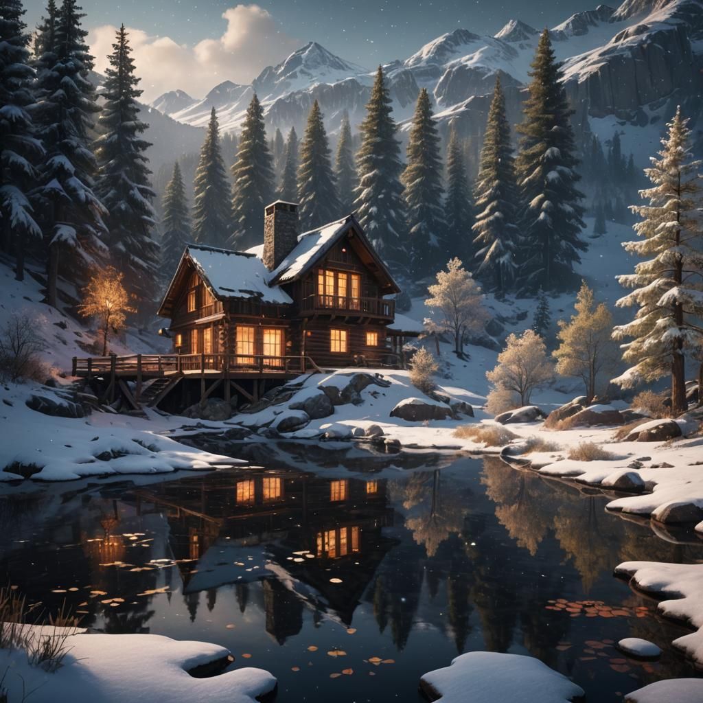 Snowy Mountain Cabin in Winter Landscape