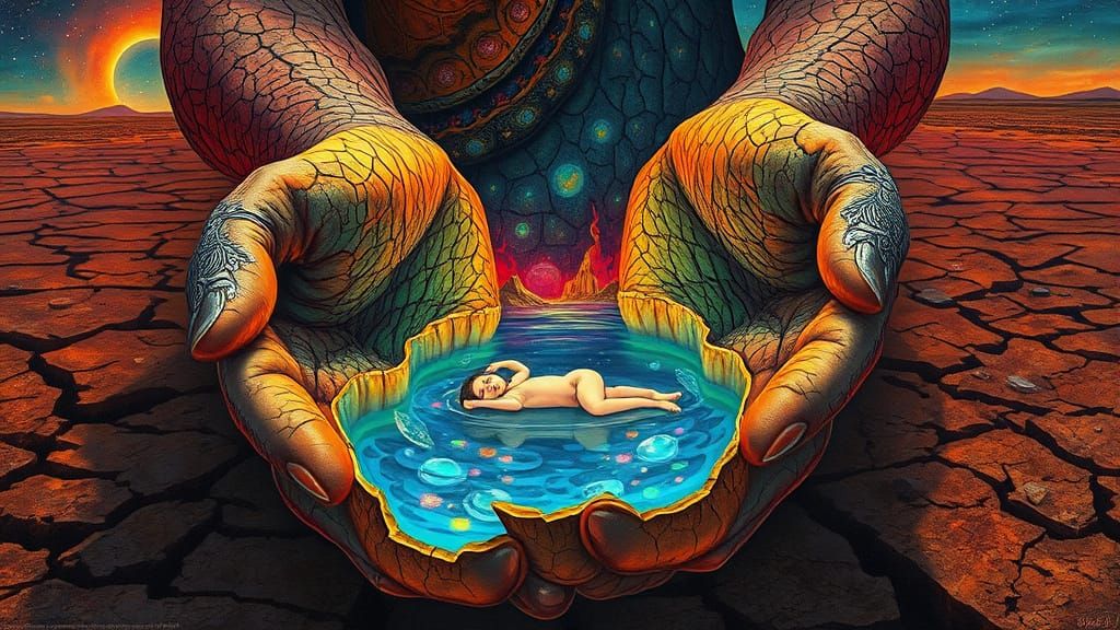 Figure Nurturing Inner Oasis Amidst Barren Surreal Landscape