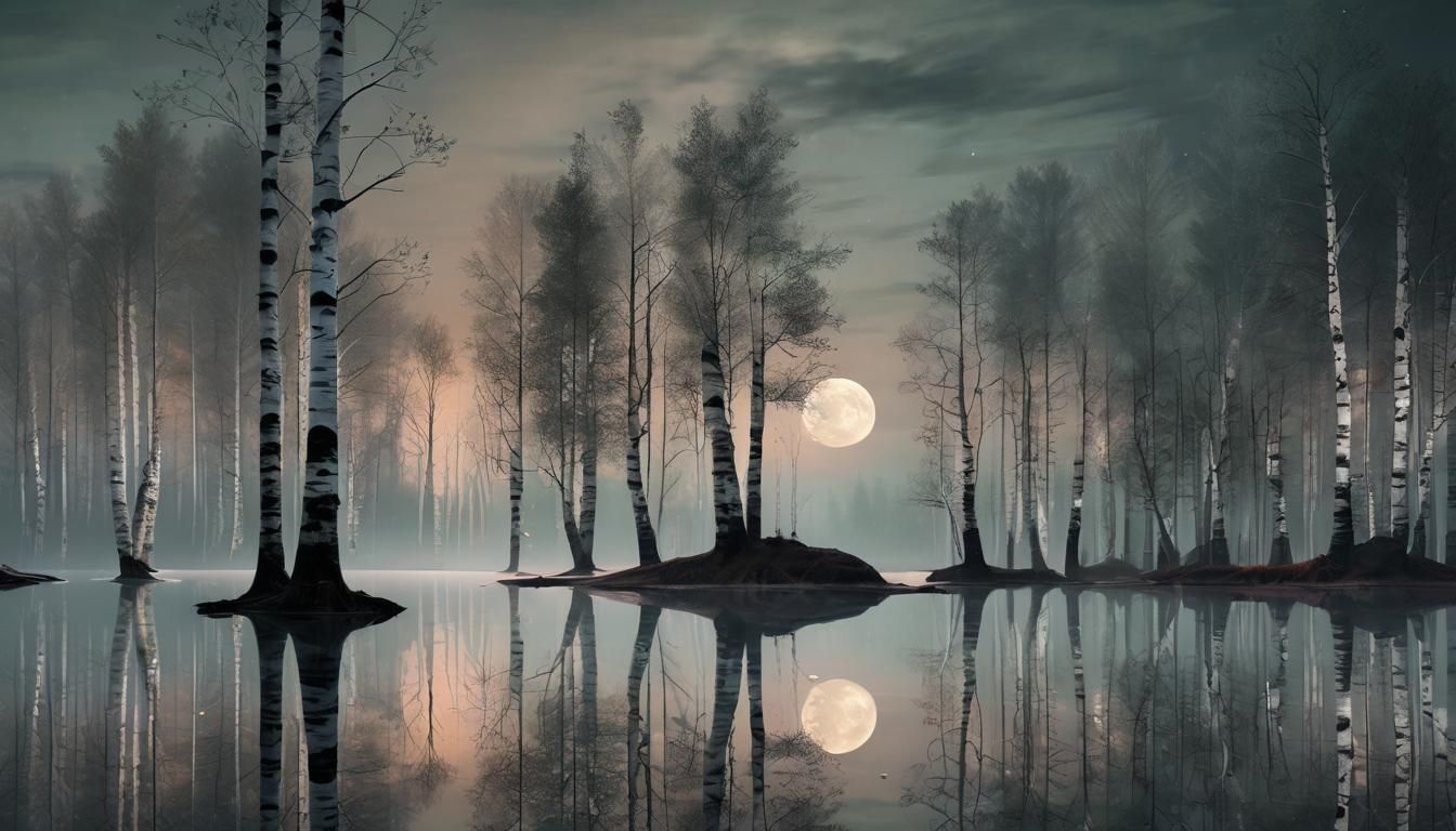 Minimalist Birch Forest Reflected in Lake at Night