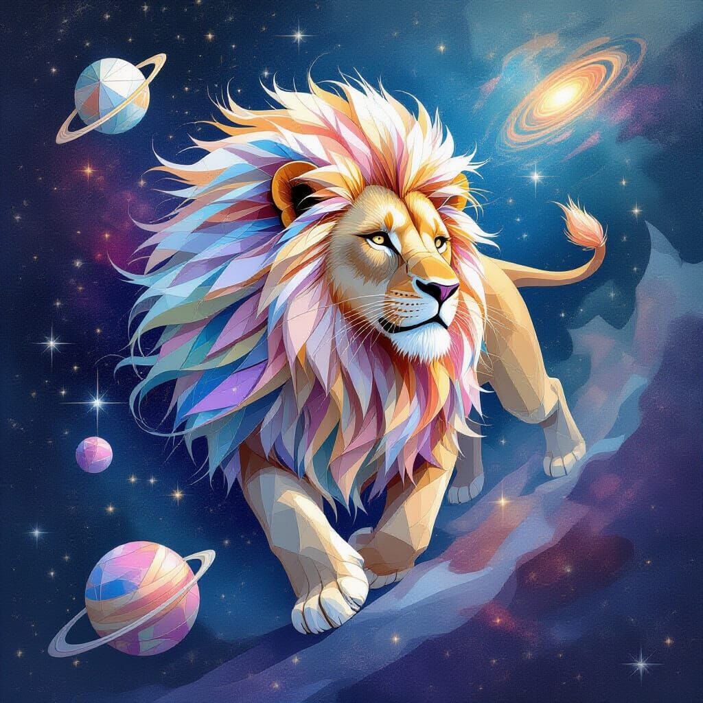 Celestial Lion in Nebula with Art Nouveau Flair