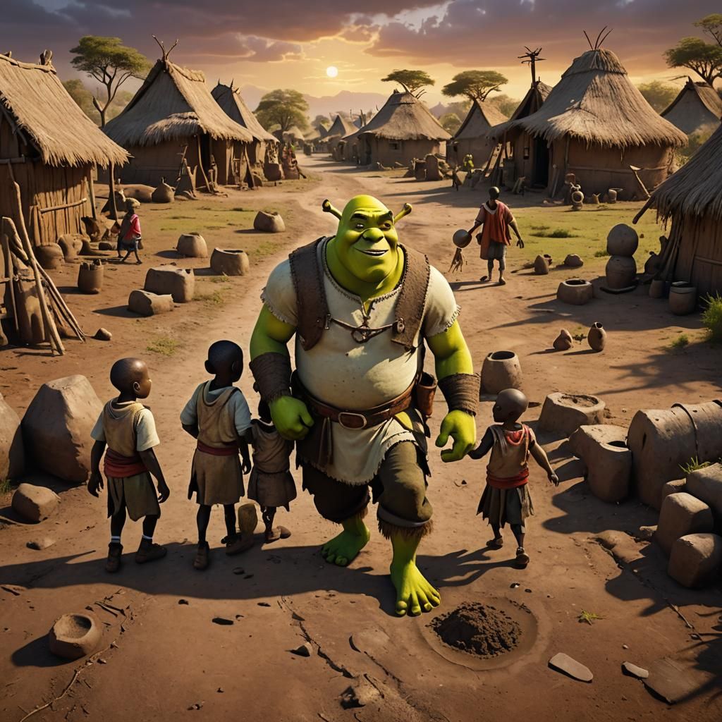 Shrek Helping Children in African Village: Digital Art