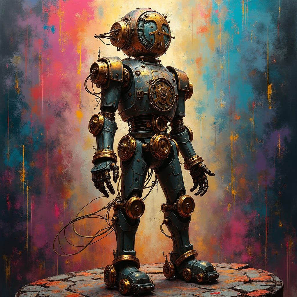 Clockwork Automaton in Abstract Neon Explosion