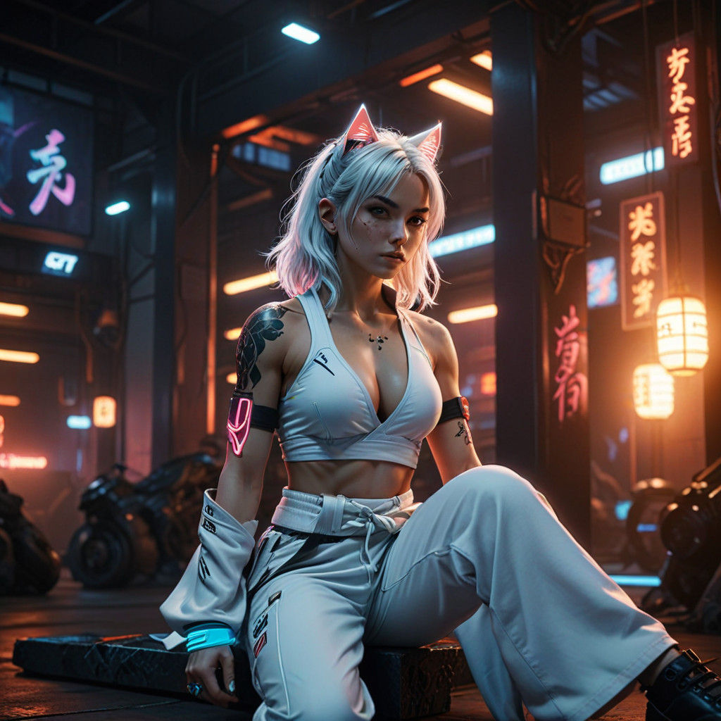 Heavily Tattooed Cyberpunk Warrior Trains in Neon-Lit Dojo