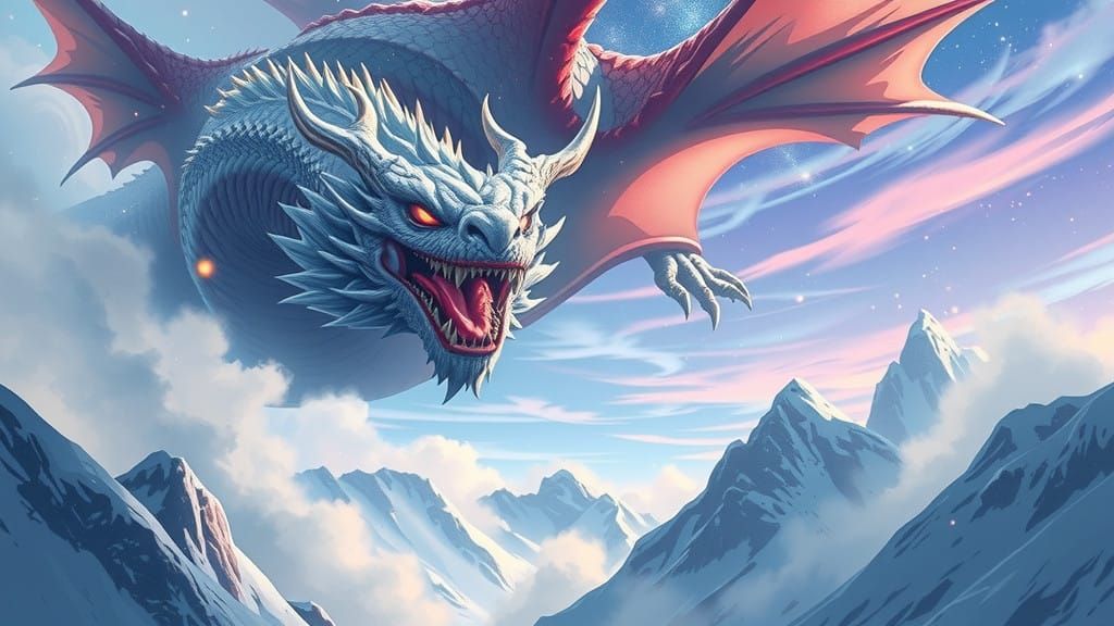 Majestic Snow Dragon Hovers Above the Sky in Stunning Anime-...