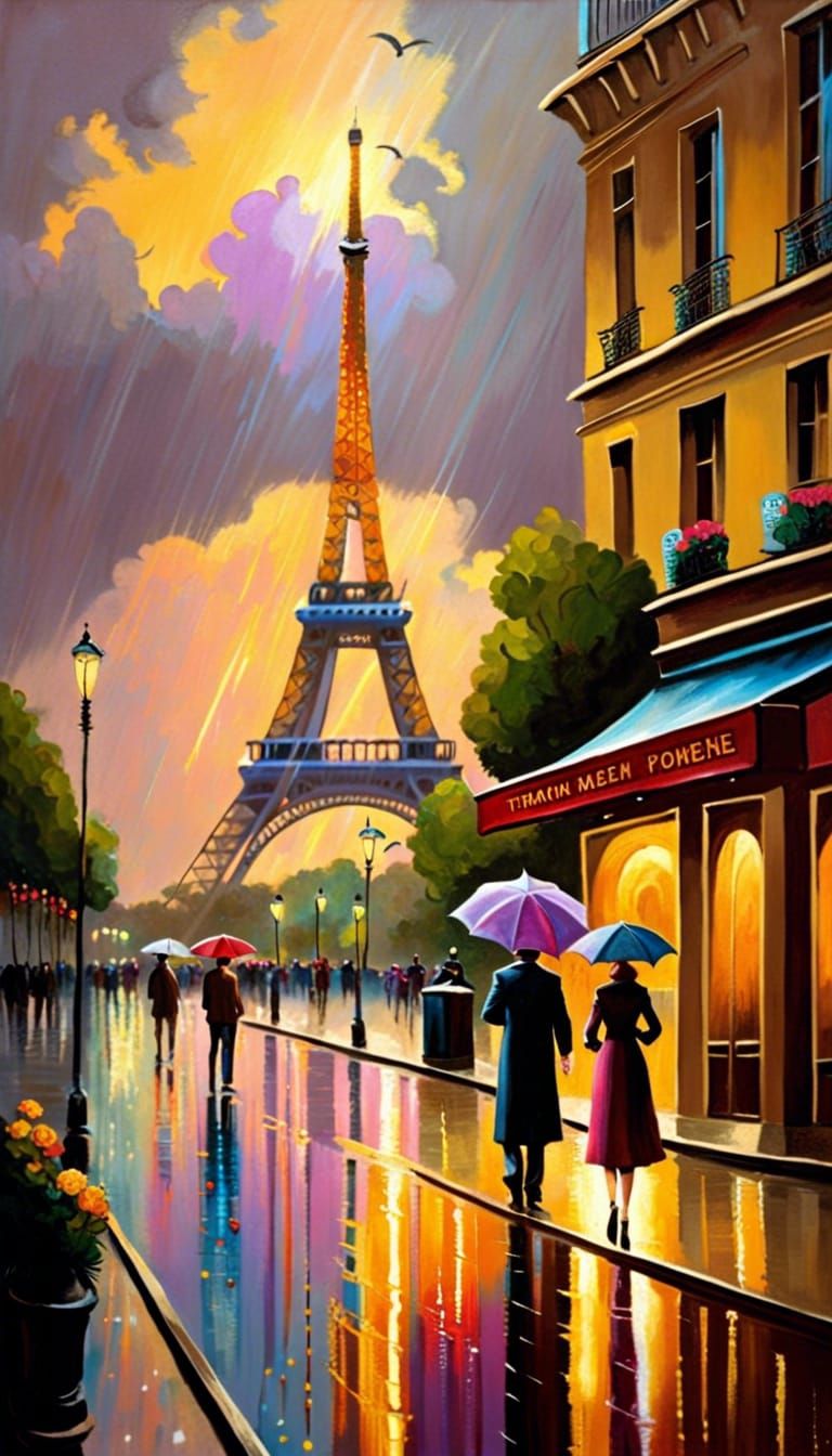 Romantic Paris Eiffel Tower View in Oil Painting