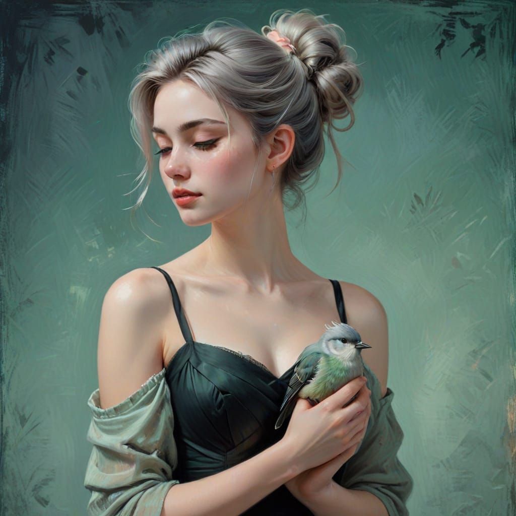 Girl with Bird Portrait in Impressionistic Style