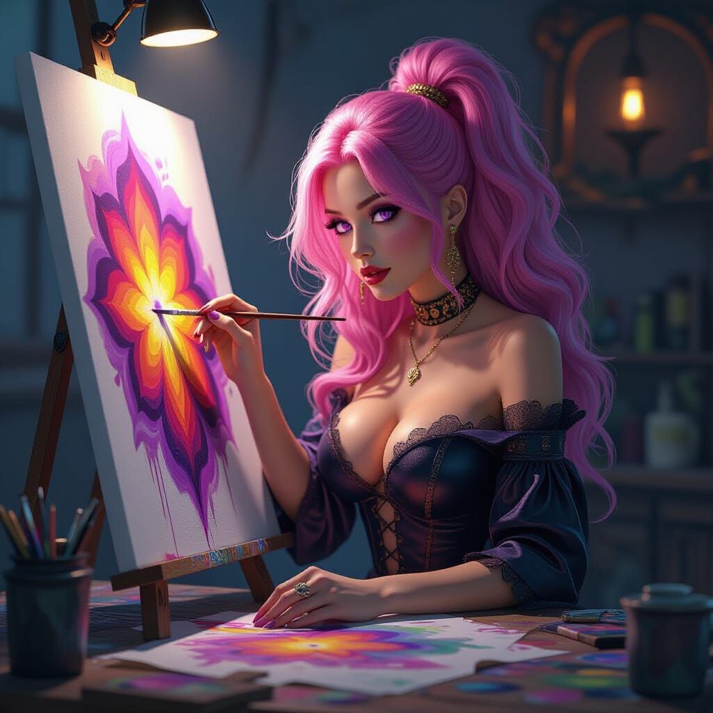 Woman Painting a Living Artwork in Alcohol Ink Style