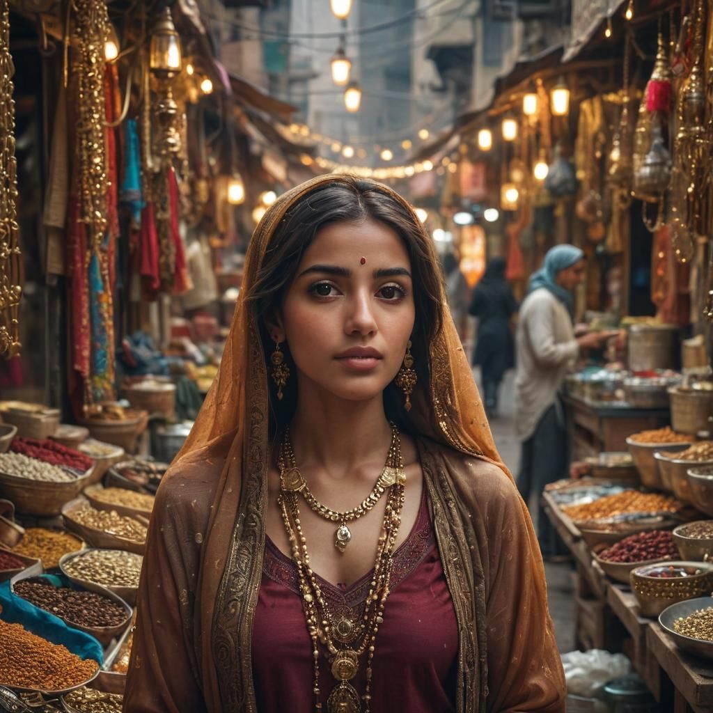 Arabian Woman in Bustling Market: Cinematic Portrait